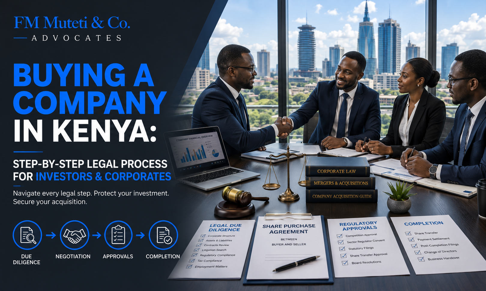 Explore the legal process for buying a company in Kenya, including due diligence, negotiations, agreements, approvals, completion, and investor protection today